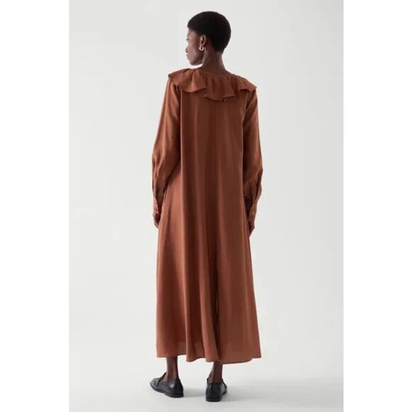 COS Allmira Dress Ruffled V-neckline Maxi Women's Size 4 Brown Fall - Picture 13 of 13